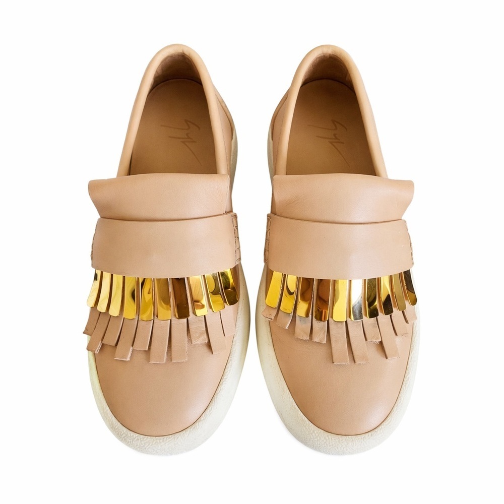 Giuseppe Zanotti Fringe Leather Sneakers Beige Gold Hardware Slip-On Size 6 - Picture 6 of 6